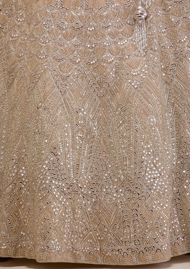 Beige Mirrorwork Net Readymade Lehenga-Koskii