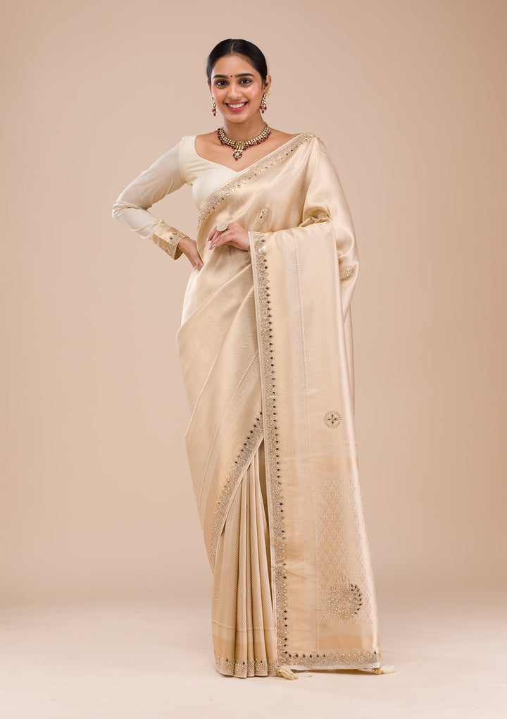 Beige Mirrorwork Silk Saree-Koskii