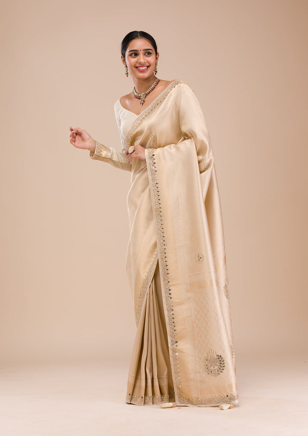 Beige Mirrorwork Silk Saree-Koskii