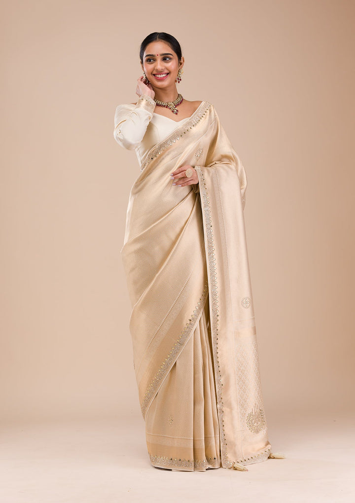 Beige Mirrorwork Silk Saree-Koskii