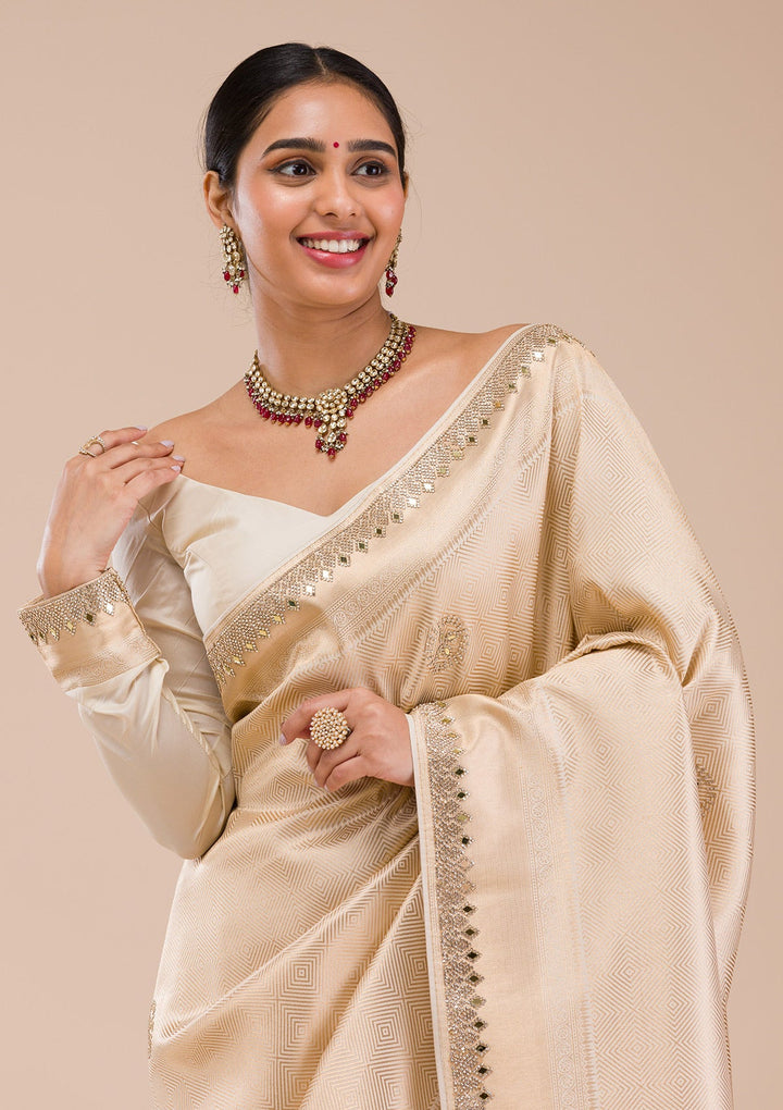 Beige Mirrorwork Silk Saree-Koskii