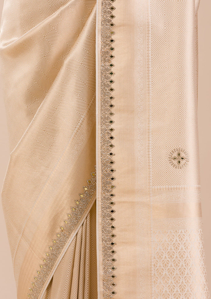 Beige Mirrorwork Silk Saree-Koskii