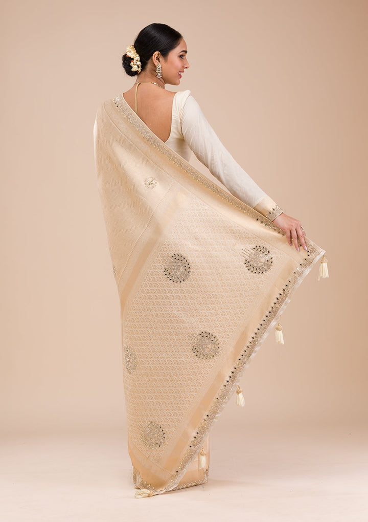 Beige Mirrorwork Silk Saree-Koskii