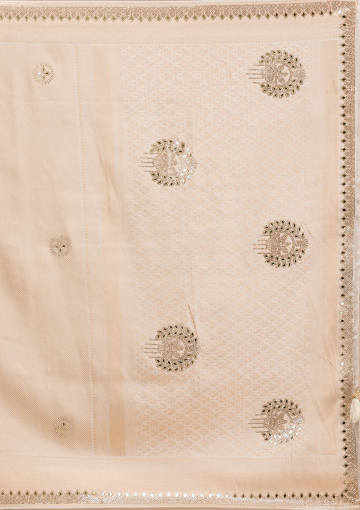 Beige Mirrorwork Silk Saree-Koskii