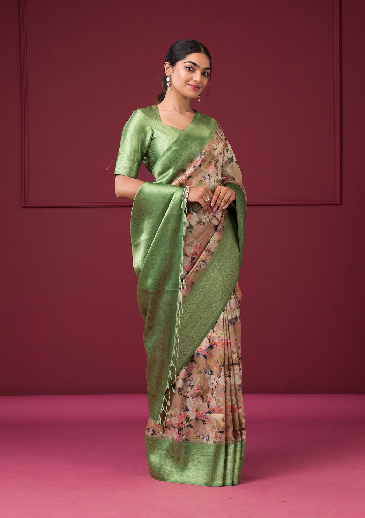 Beige Printed Art Silk Saree