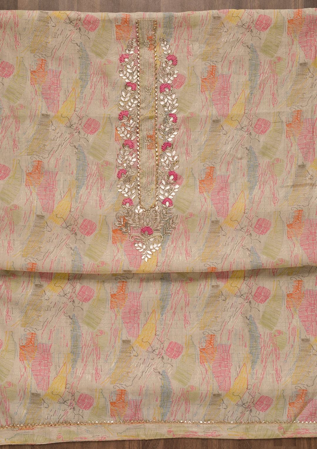 Beige Printed Georgette Unstitched Salwar Suit-Koskii
