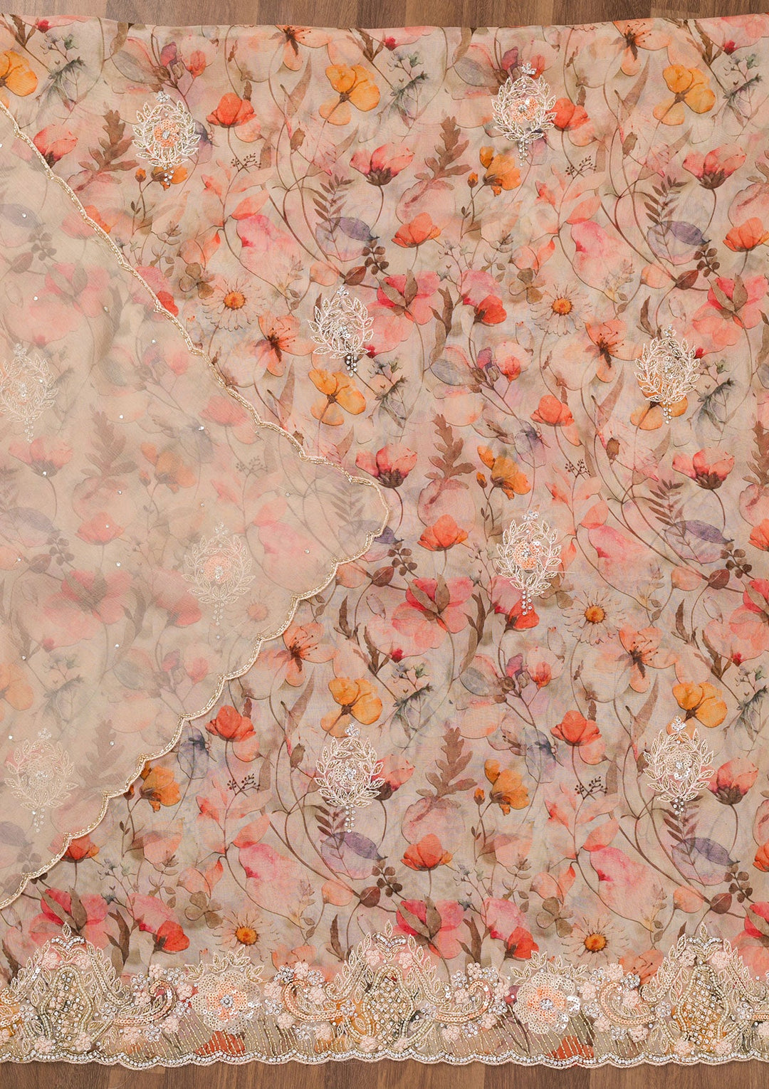 Beige Printed Georgette Unstitched Salwar Suit-Koskii