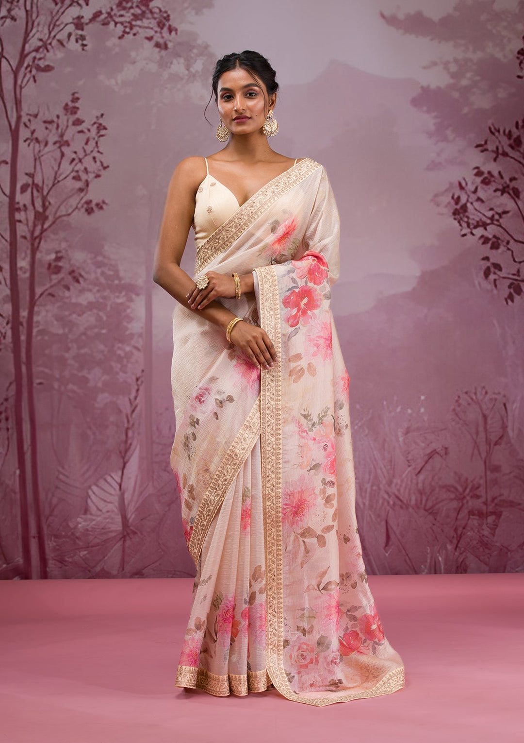 Beige Printed Georgette Saree-Koskii