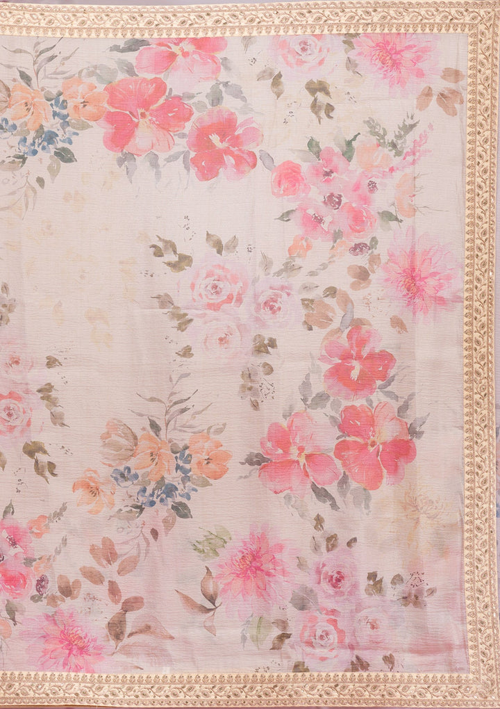 Beige Printed Georgette Saree-Koskii
