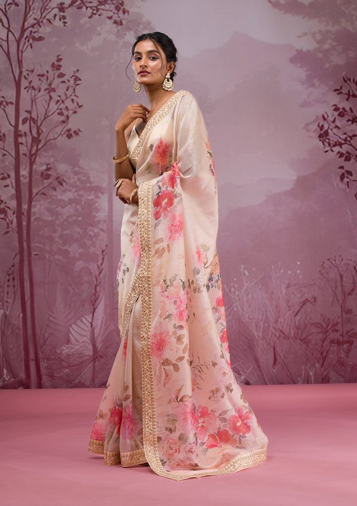 Beige Printed Georgette Saree-Koskii