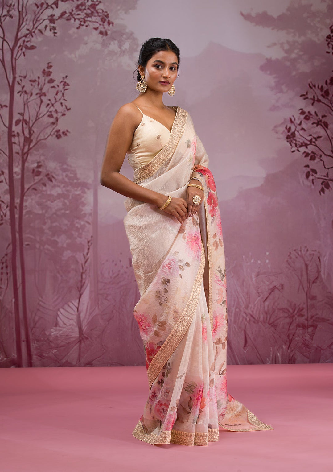 Beige Printed Georgette Saree-Koskii