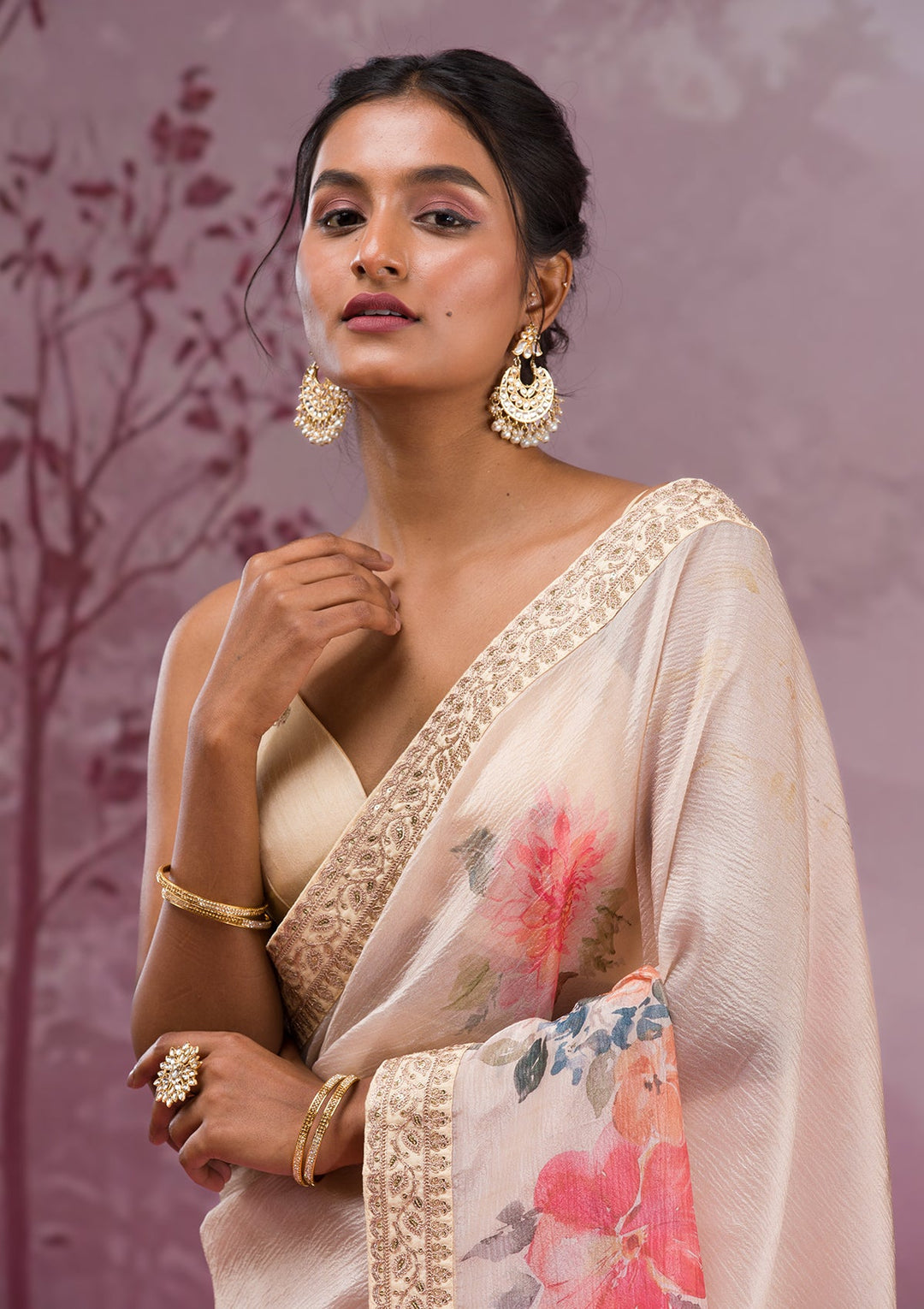 Beige Printed Georgette Saree-Koskii