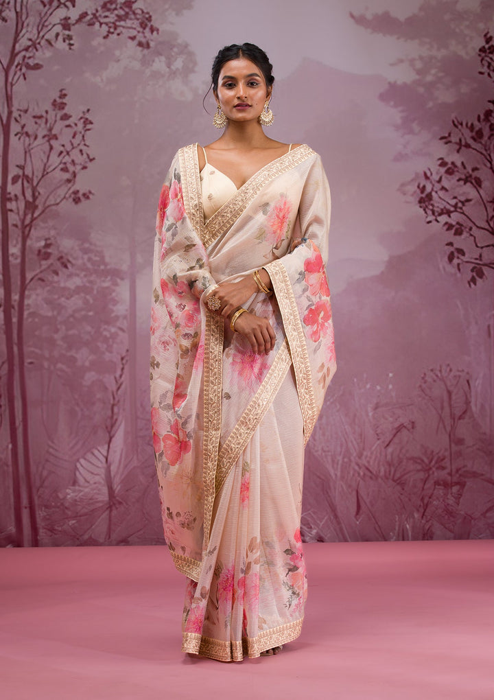 Beige Printed Georgette Saree-Koskii