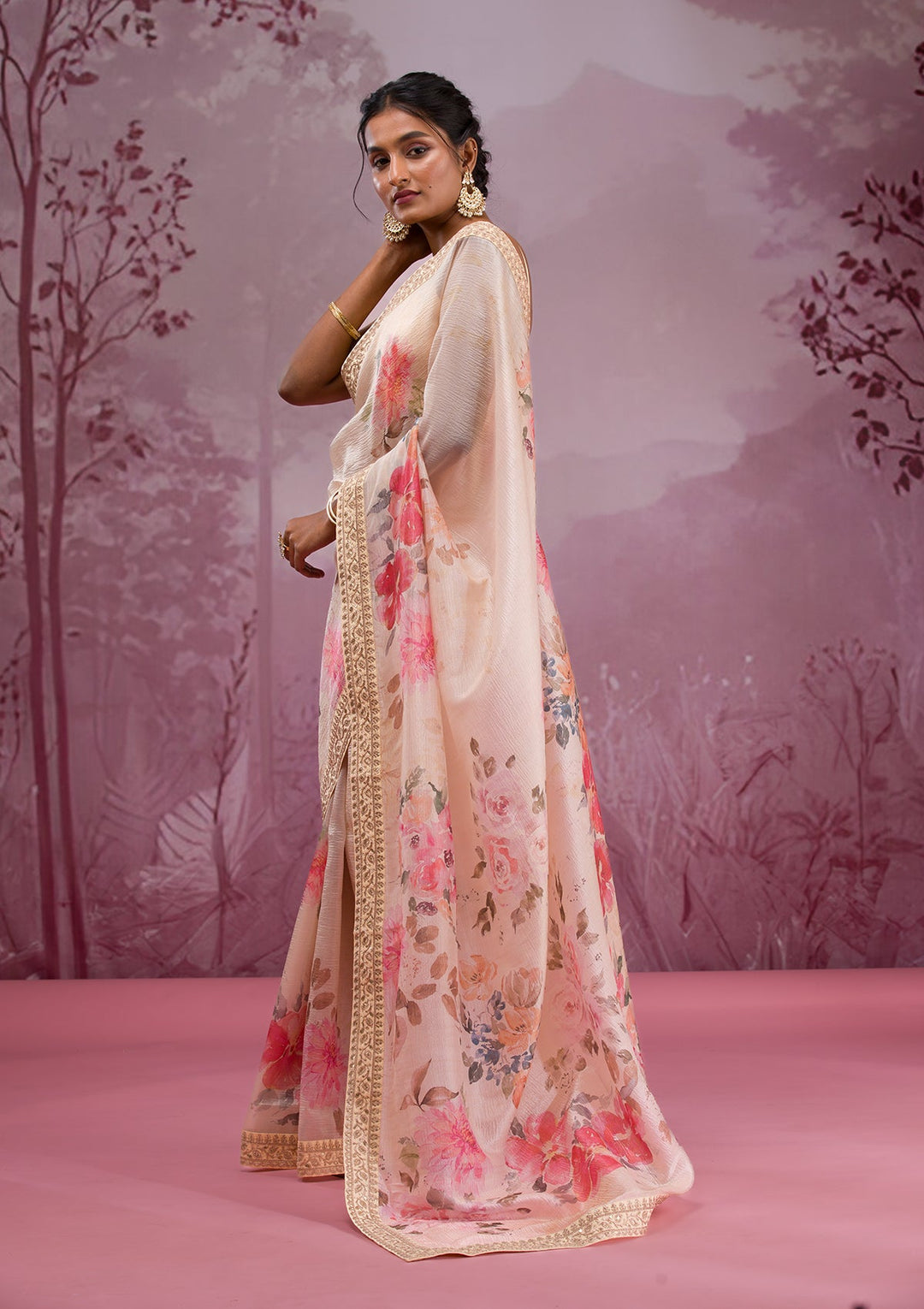 Beige Printed Georgette Saree-Koskii