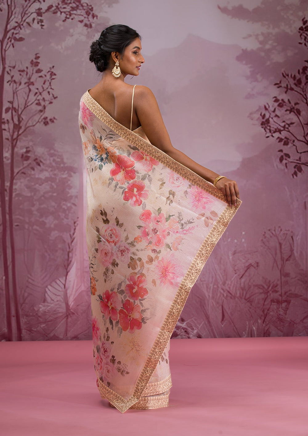 Beige Printed Georgette Saree-Koskii