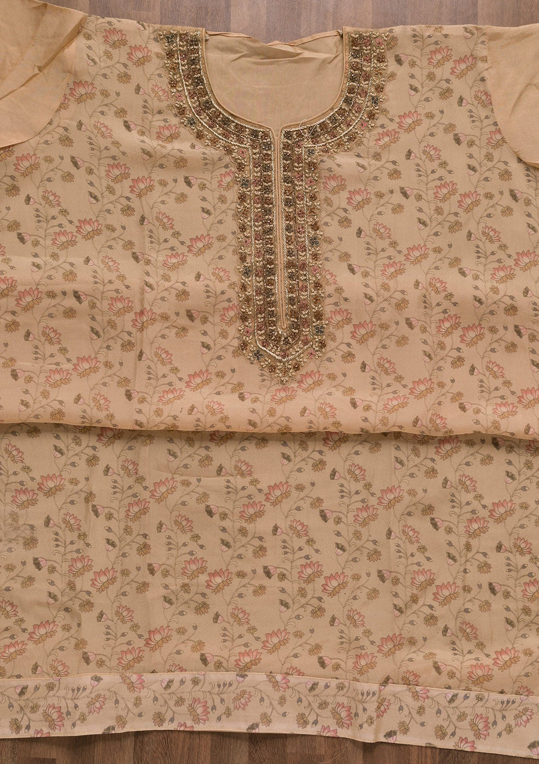 Beige Printed Organza Unstitched Salwar Suit-Koskii
