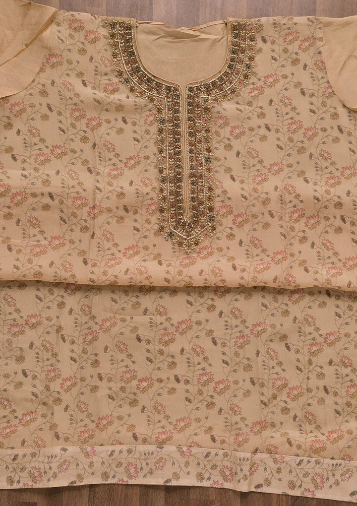 Beige Printed Organza Unstitched Salwar Suit-Koskii