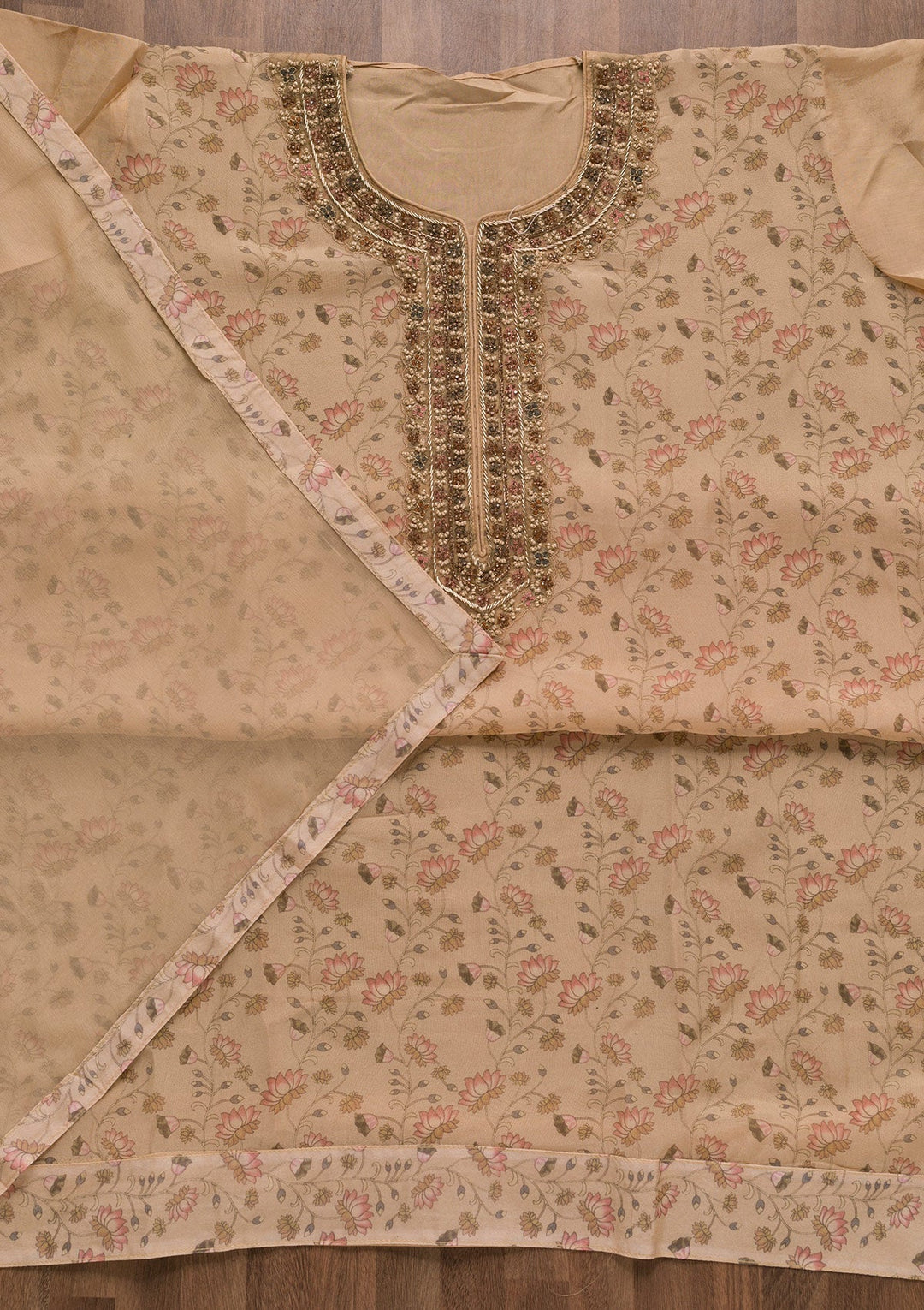 Beige Printed Organza Unstitched Salwar Suit-Koskii