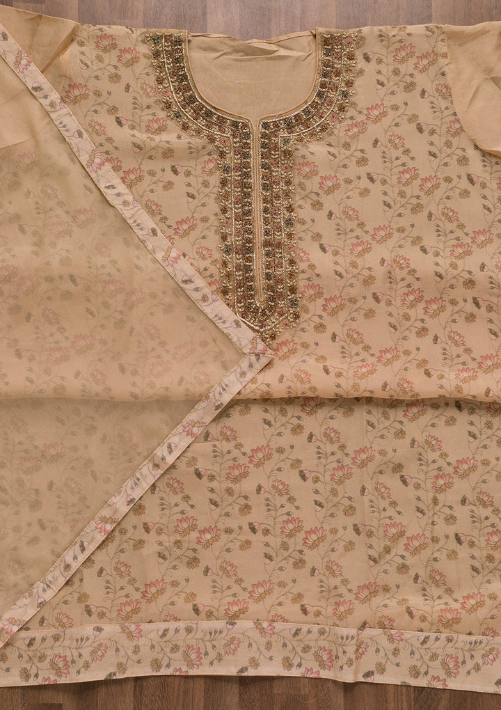 Beige Printed Organza Unstitched Salwar Suit-Koskii