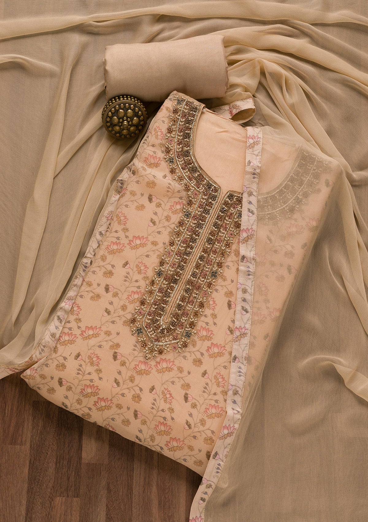 Beige Printed Organza Unstitched Salwar Suit-Koskii