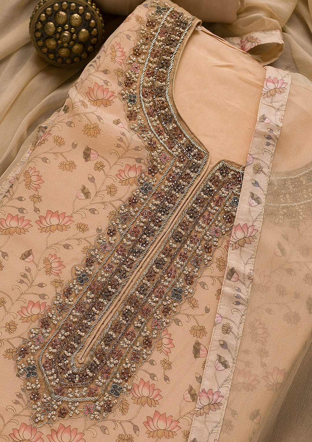 Beige Printed Organza Unstitched Salwar Suit-Koskii