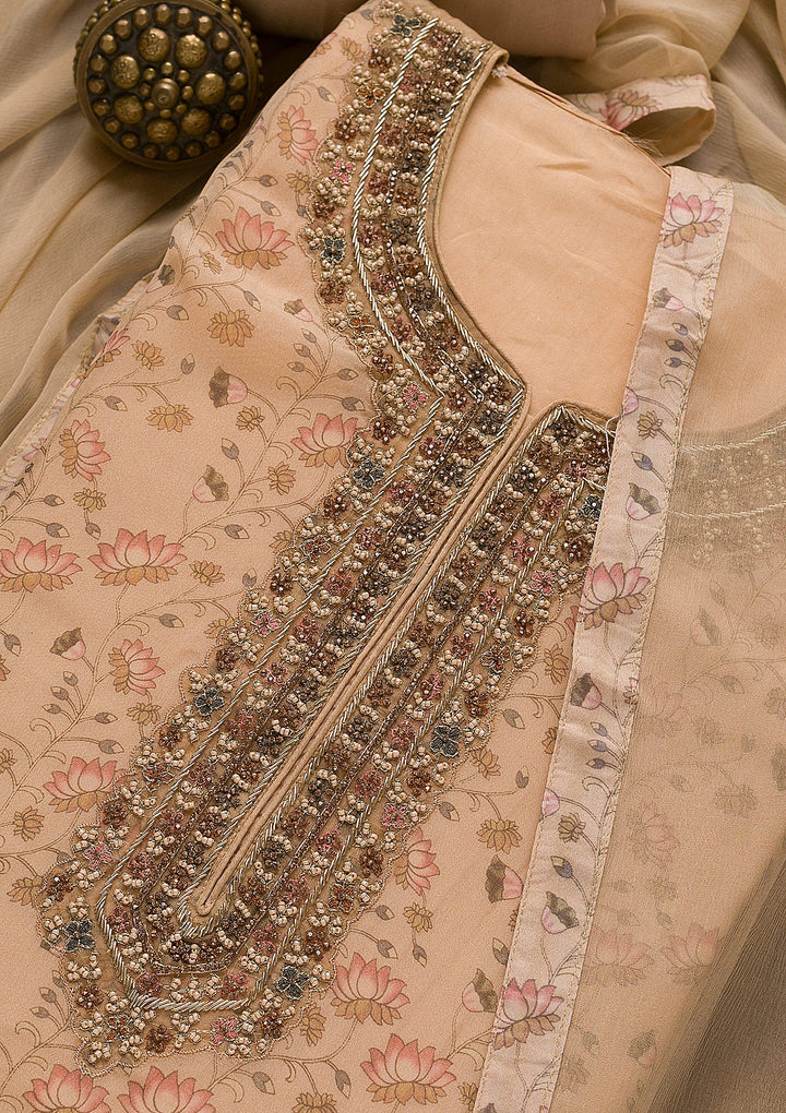 Beige Printed Organza Unstitched Salwar Suit-Koskii