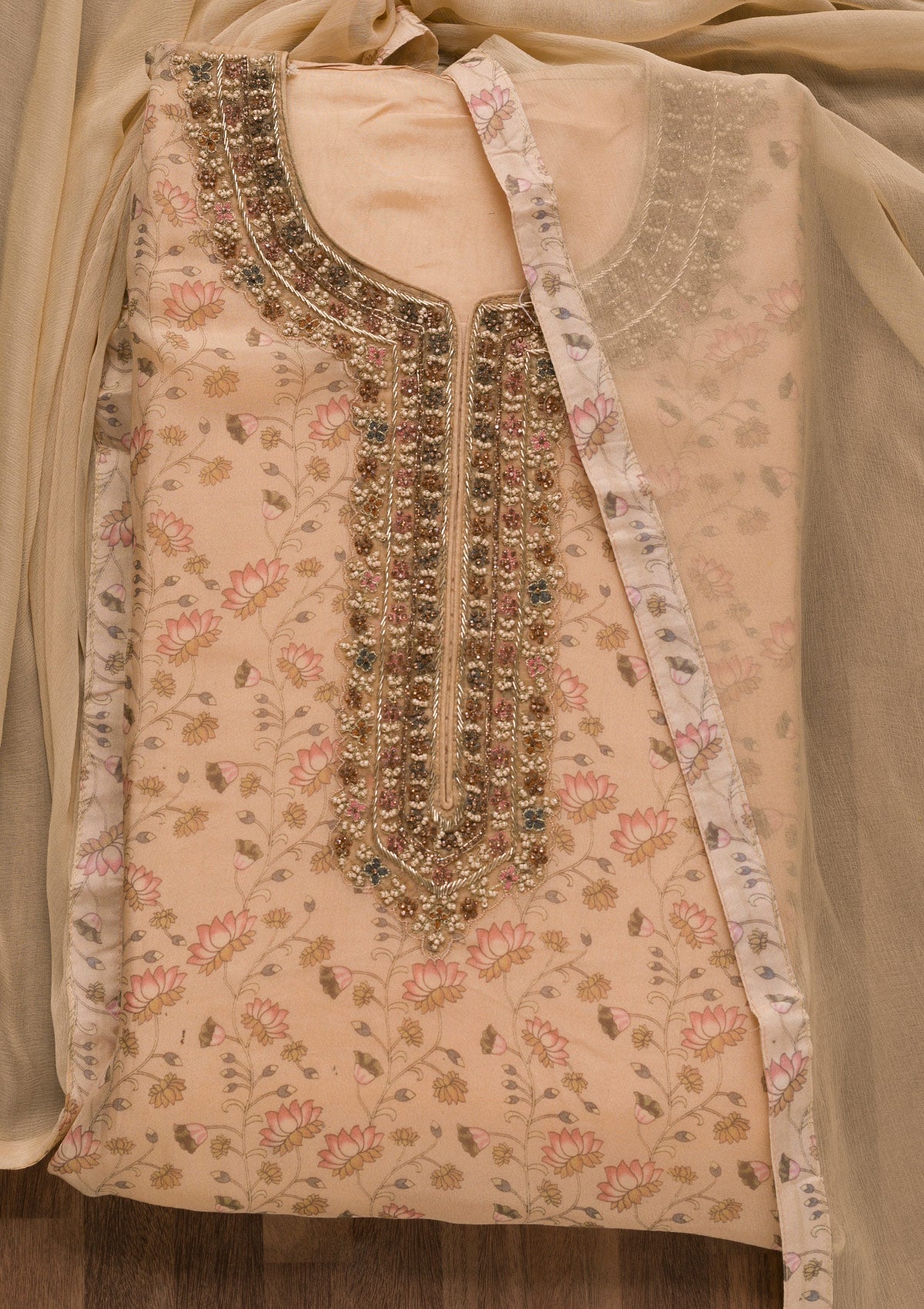 Beige Printed Organza Unstitched Salwar Suit-Koskii
