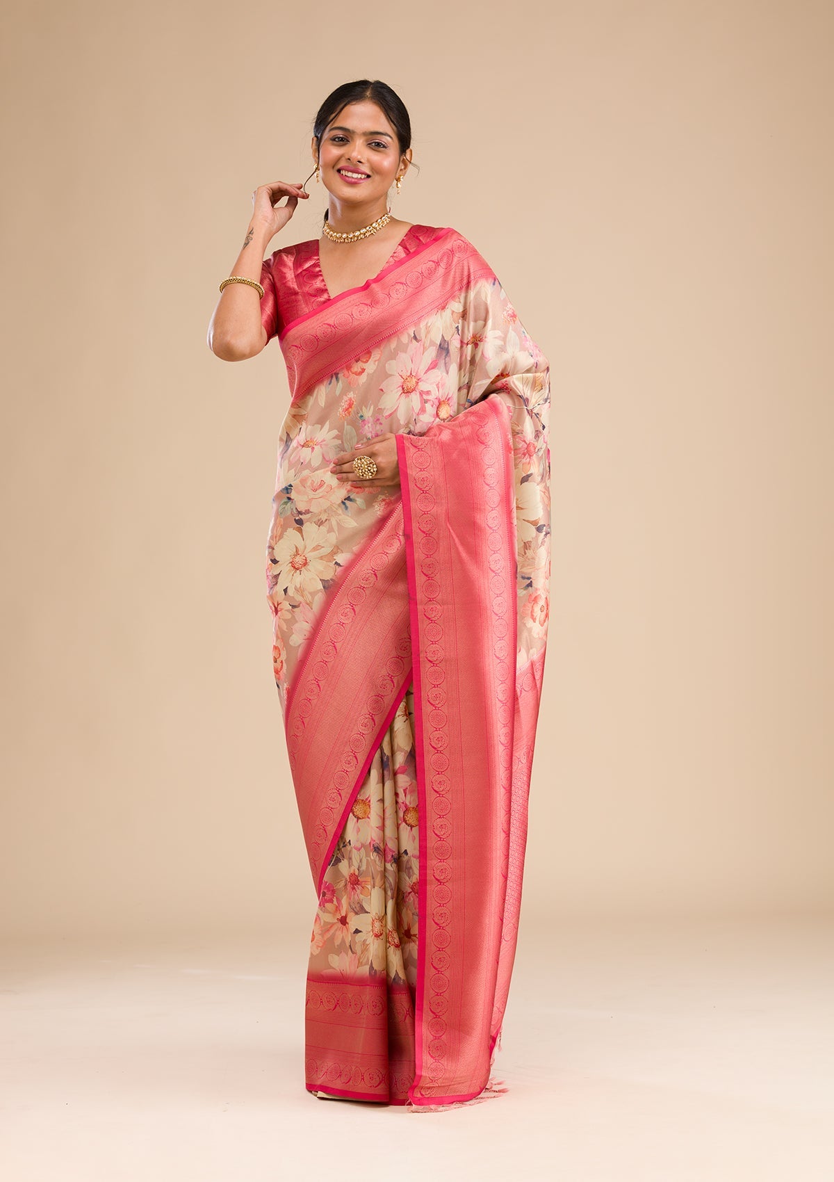 Beige Printed Soft Silk Saree-Koskii