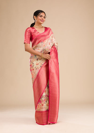 Beige Printed Soft Silk Saree-Koskii