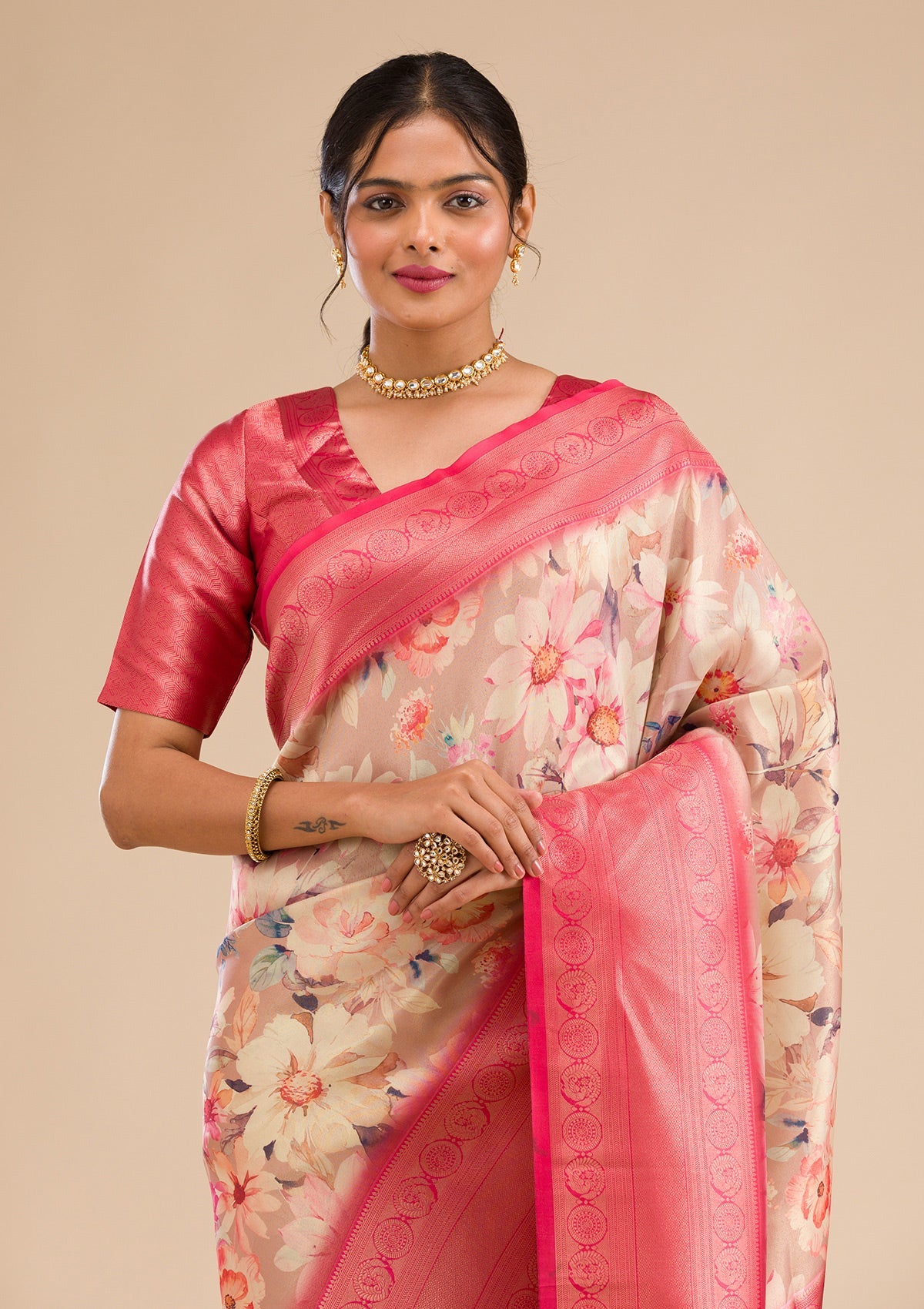 Beige Printed Soft Silk Saree-Koskii