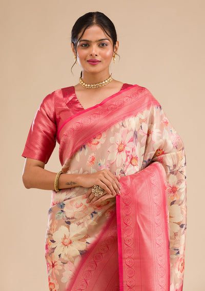 Beige Printed Soft Silk Saree-Koskii