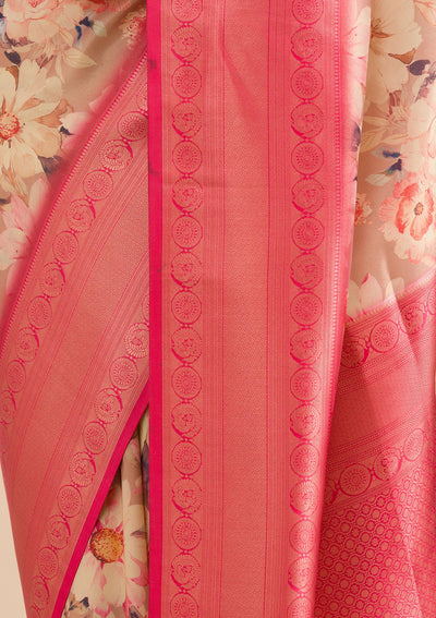 Beige Printed Soft Silk Saree-Koskii