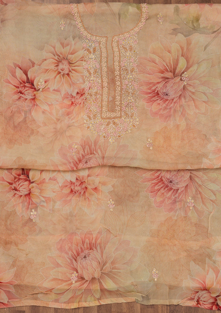 Beige Printed Tissue Unstitched Salwar Suit-Koskii