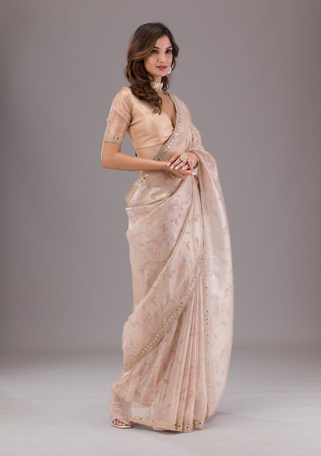 Beige Printed Tissue Saree-Koskii
