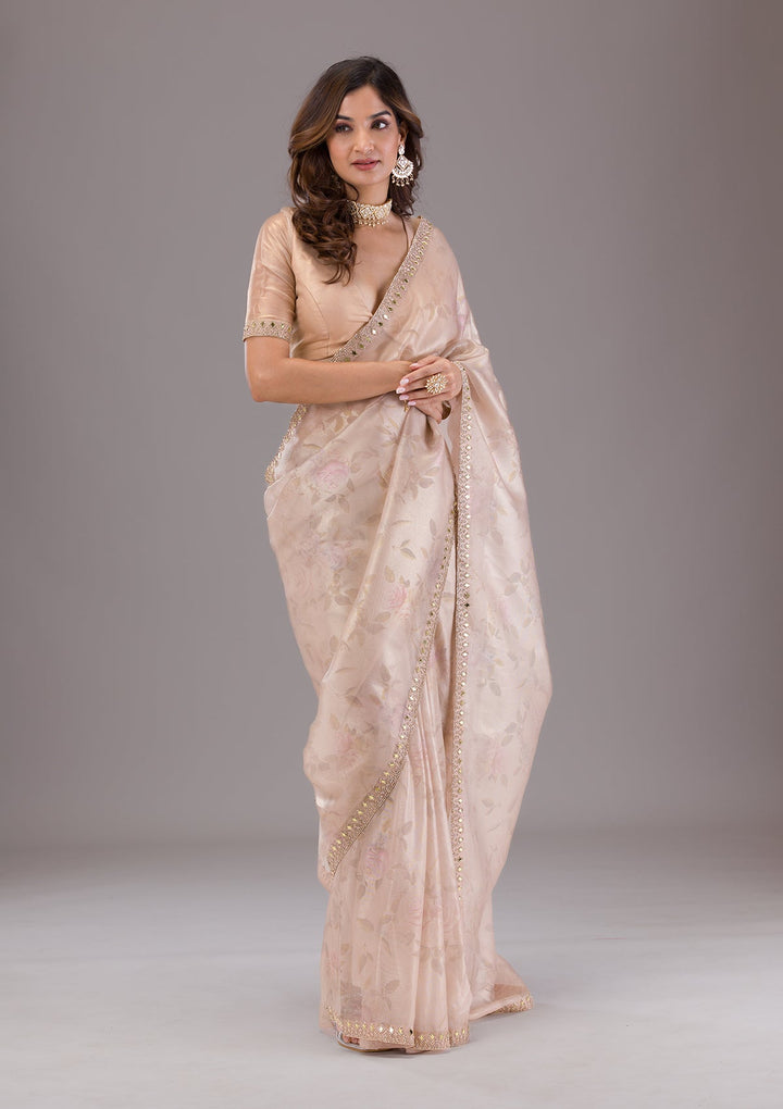 Beige Printed Tissue Saree-Koskii