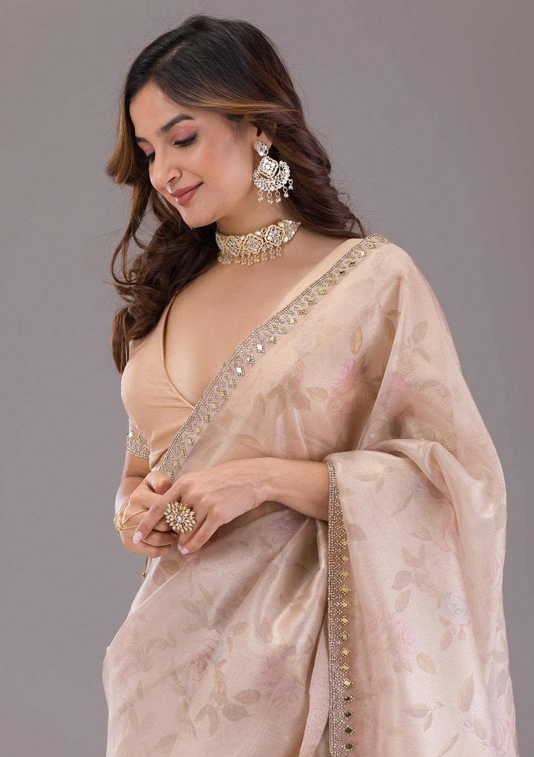 Beige Printed Tissue Saree-Koskii