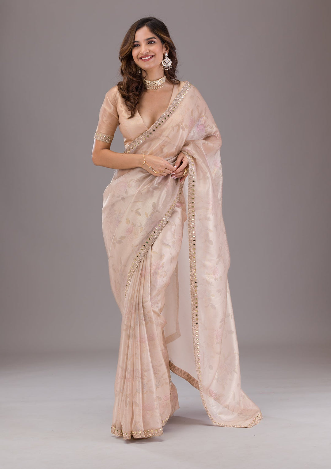 Beige Printed Tissue Saree-Koskii