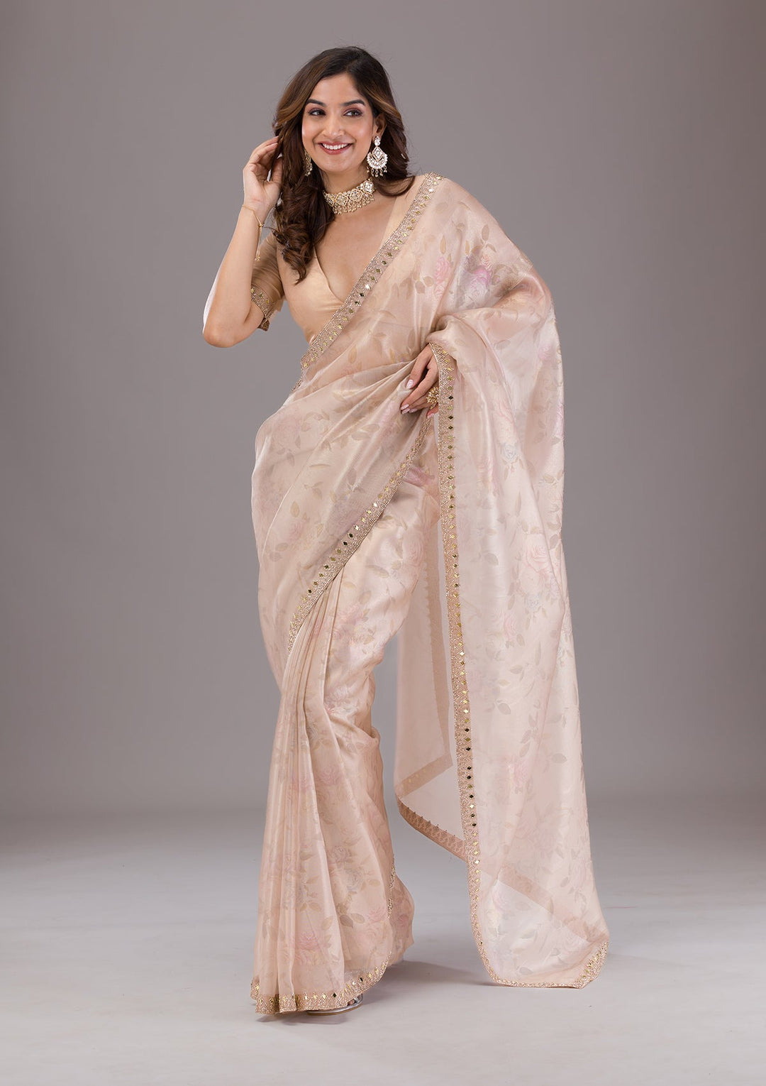 Beige Printed Tissue Saree-Koskii