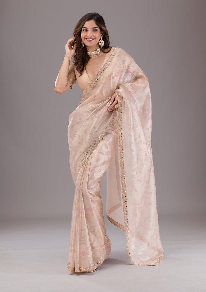Beige Printed Tissue Saree-Koskii