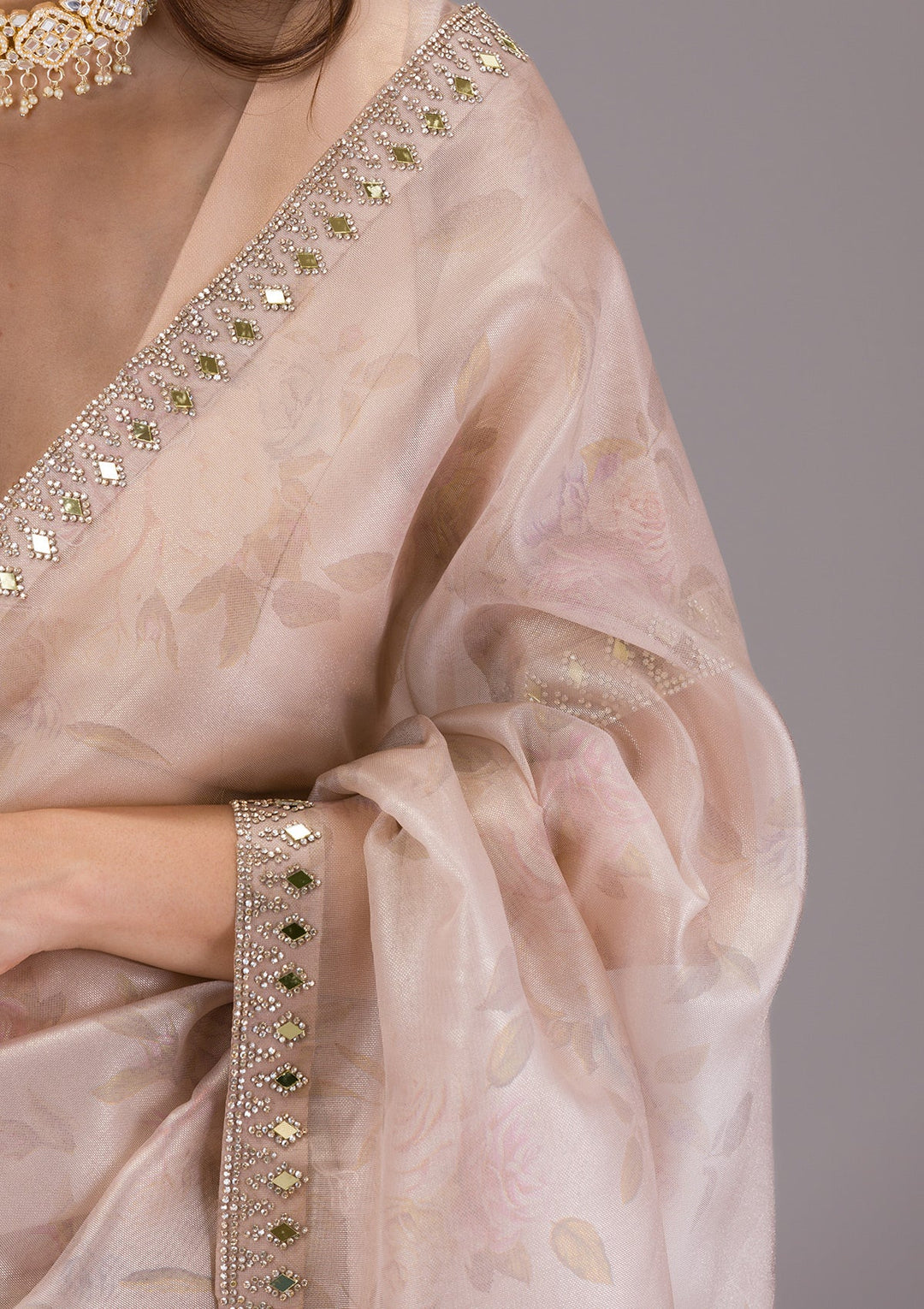 Beige Printed Tissue Saree-Koskii