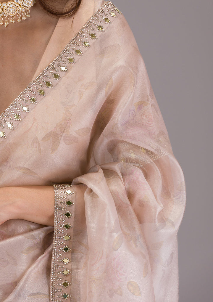 Beige Printed Tissue Saree-Koskii