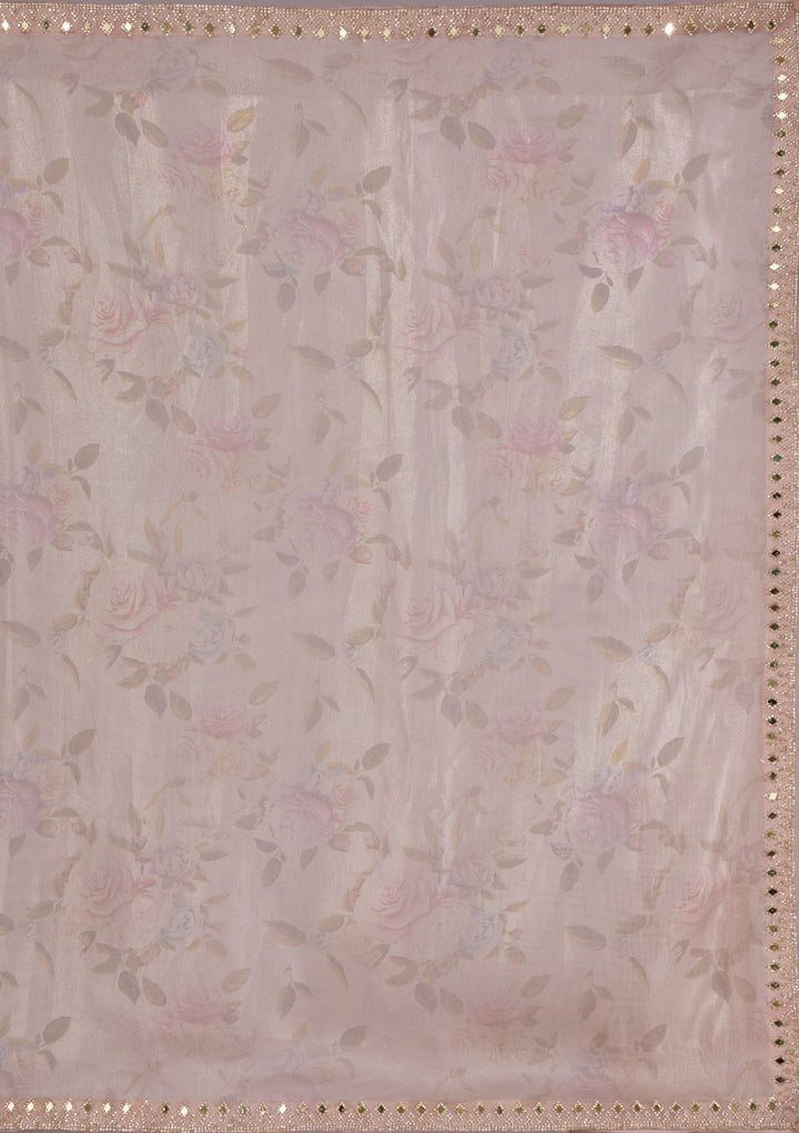 Beige Printed Tissue Saree-Koskii