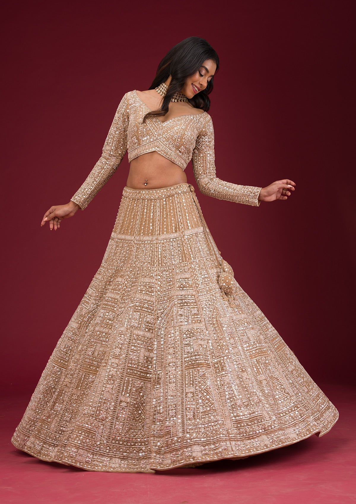 Beige Sequins Net Readymade Lehenga-Koskii