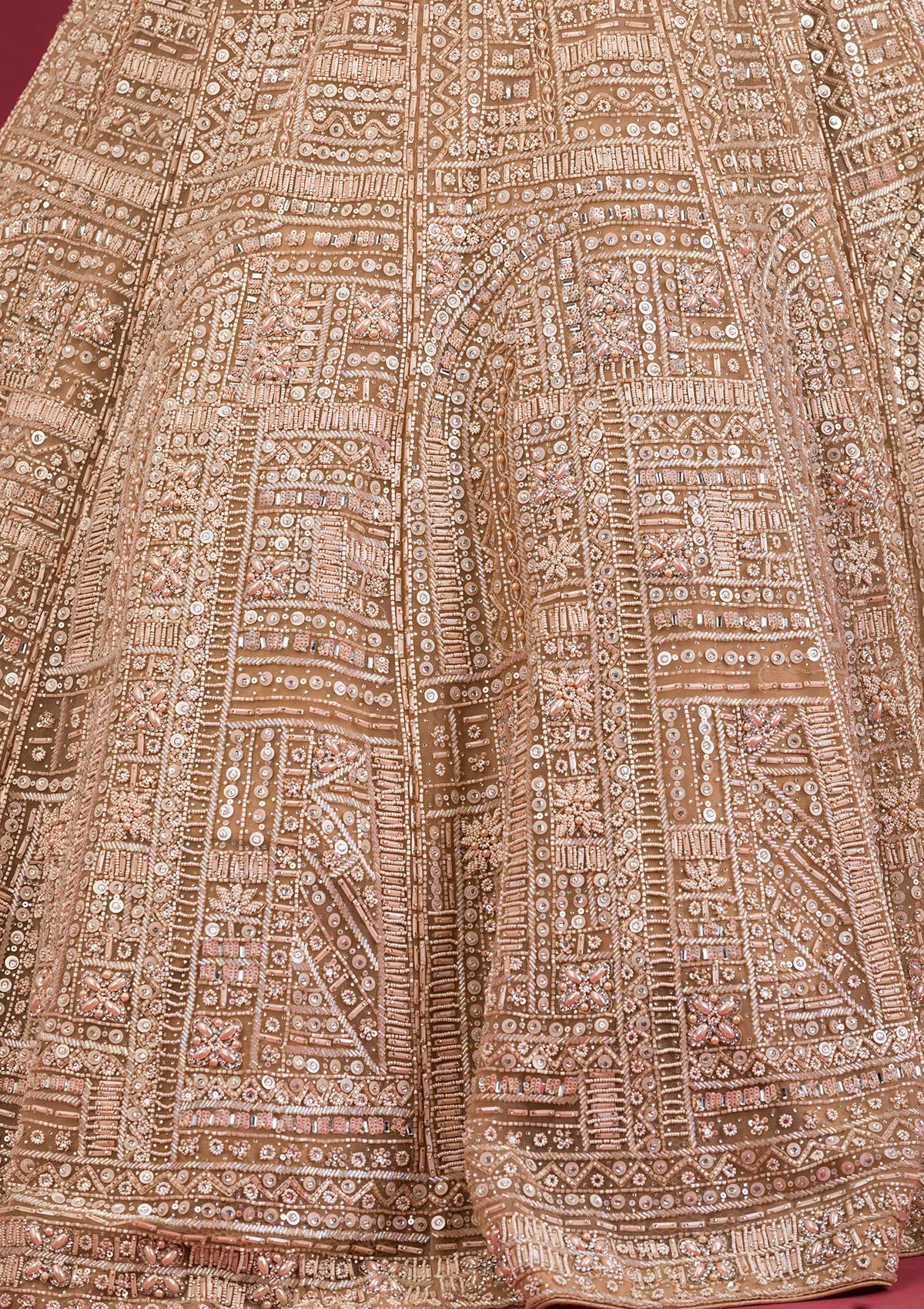 Beige Sequins Net Readymade Lehenga-Koskii