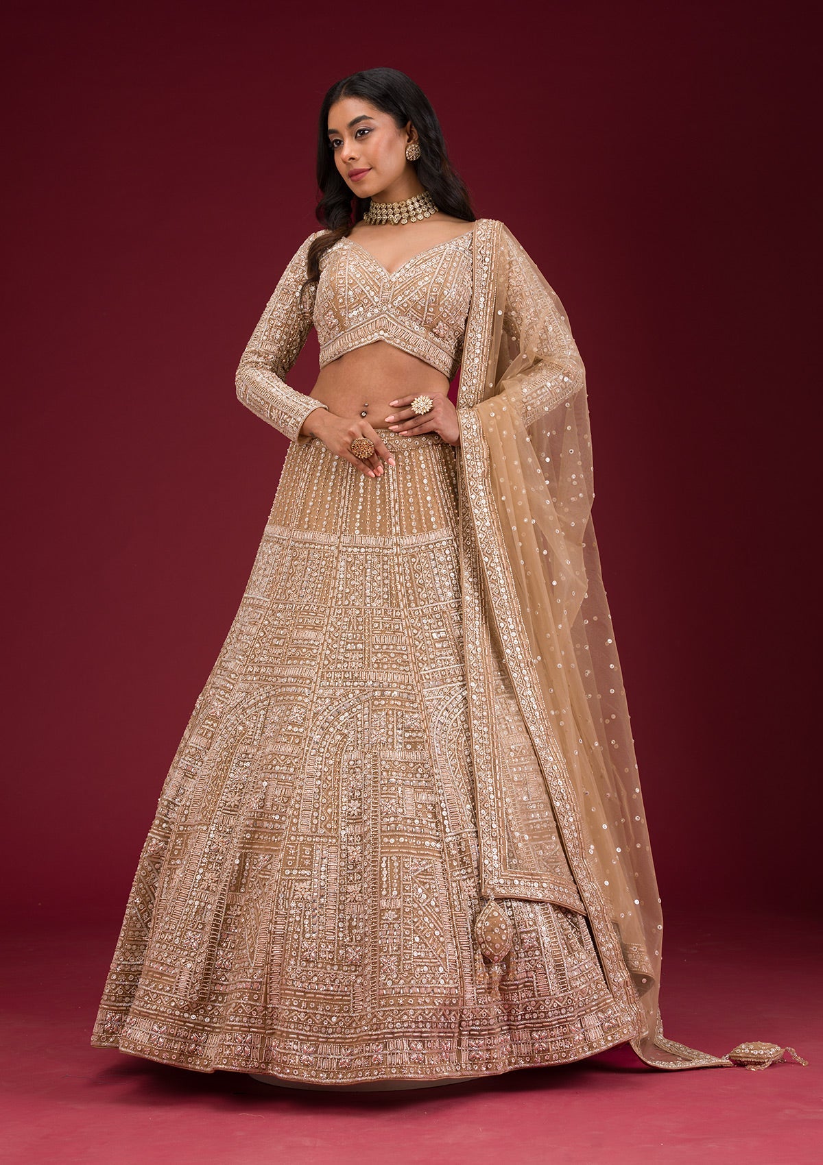 Beige Sequins Net Readymade Lehenga-Koskii