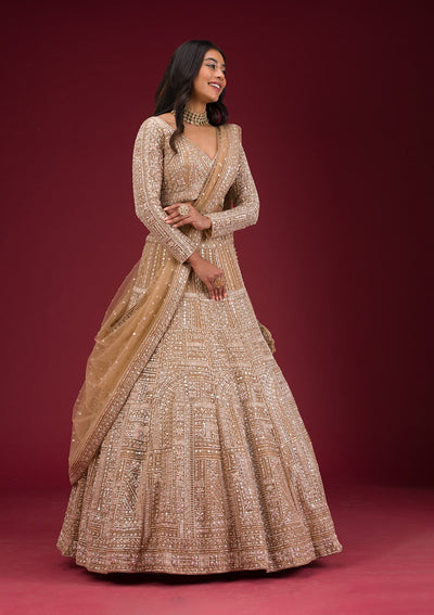 Beige Sequins Net Readymade Lehenga-Koskii