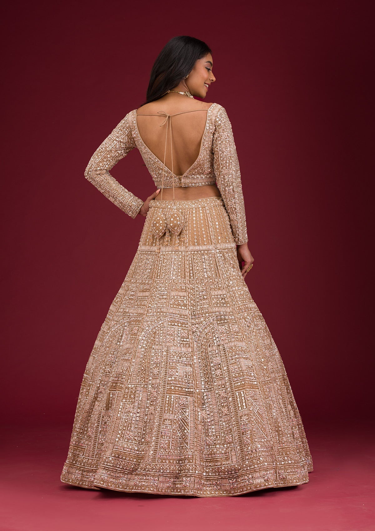 Beige Sequins Net Readymade Lehenga-Koskii