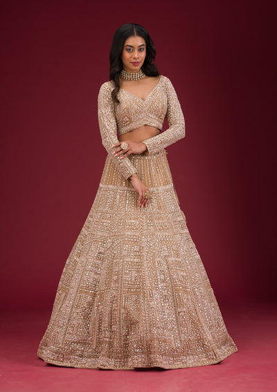 Beige Sequins Net Readymade Lehenga-Koskii