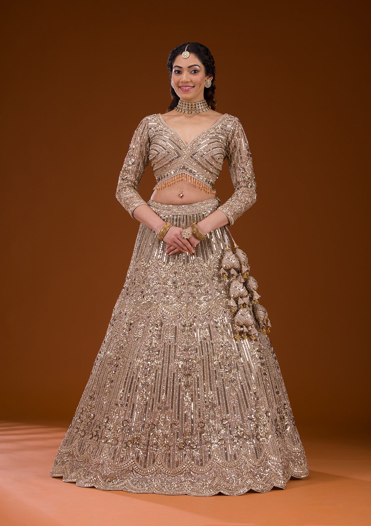 Beige Sequins Net Readymade Lehenga-Koskii