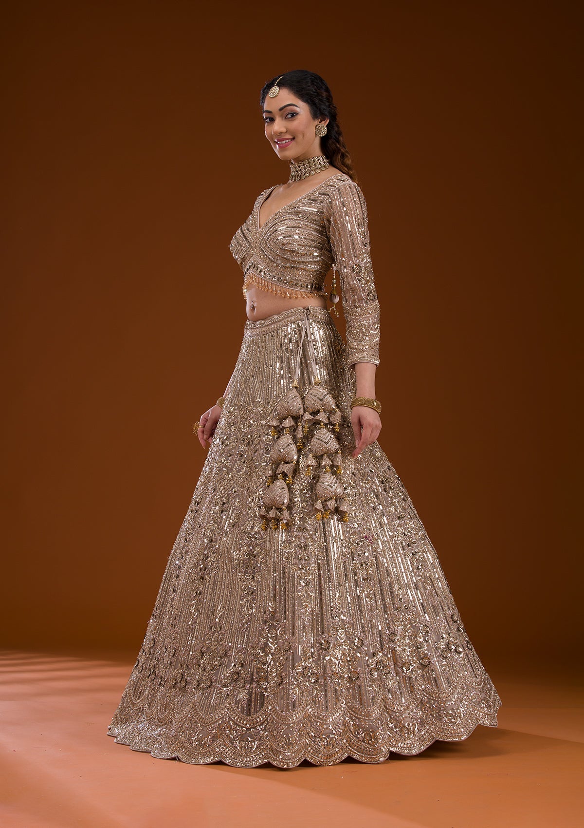 Beige Sequins Net Readymade Lehenga-Koskii